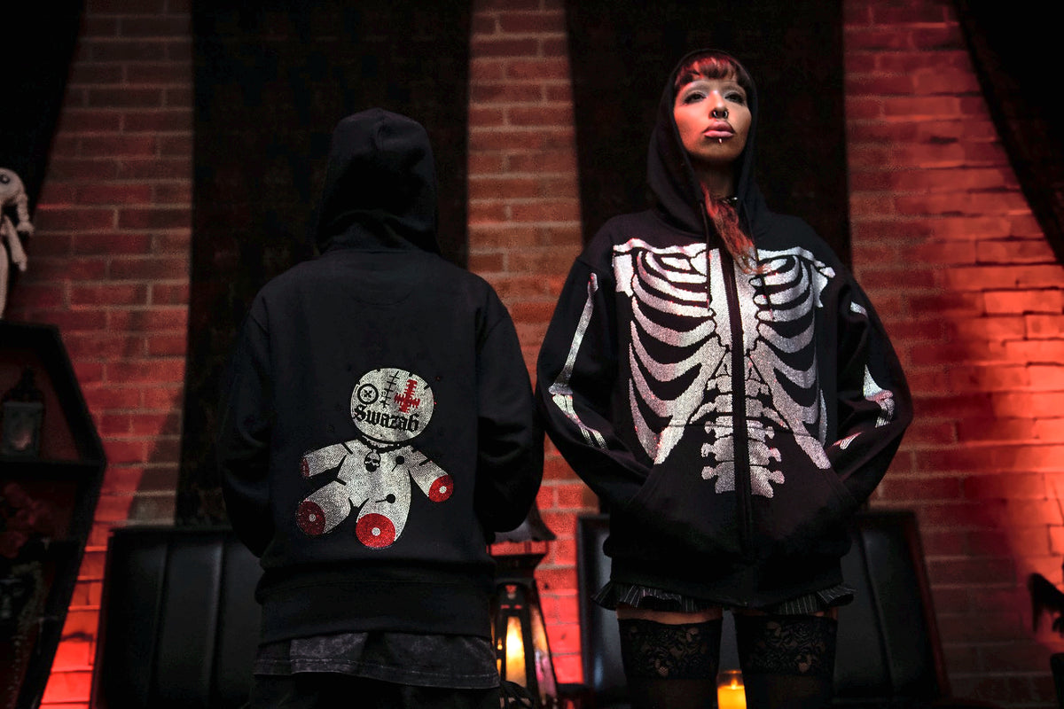 SWAZA6 Crystal Skeleton Zip Hoodie - Black