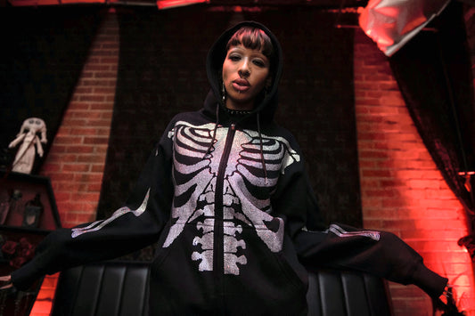SWAZA6 Crystal Skeleton Zip Hoodie - Black